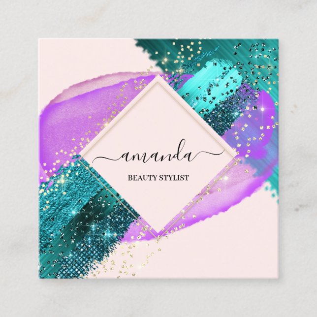 Cartão De Visita Quadrado Professional Framed Gold Beauty Logo Purple Teal (Frente)