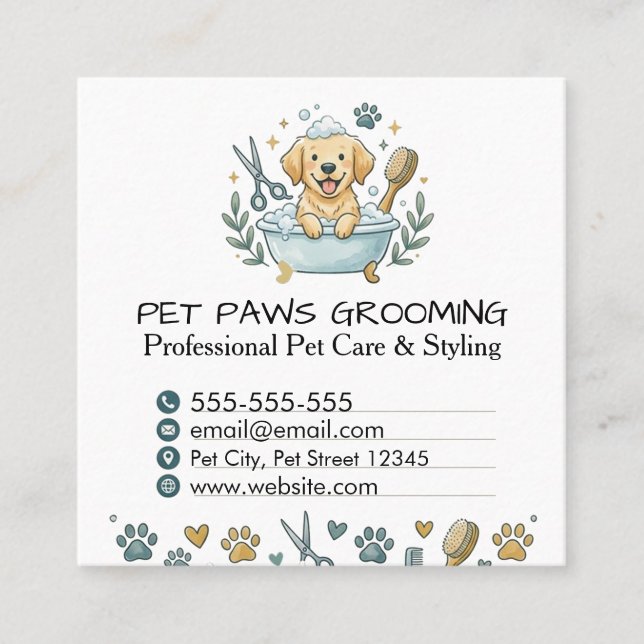 Cartão De Visita Quadrado Professional Pet Groomer Square Business Card  (Frente)