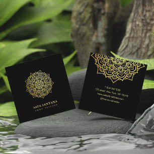 Cartão De Visita Quadrado Professora Yoga Black & Dourado Mandala