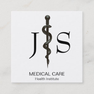 Cartão De Visita Quadrado Profissional Asclepius Médico Simples Preto Branco