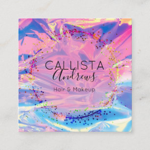 Cartão De Visita Quadrado Púrpura Hológrafo Rosa Glitter Confetti Salon Squa