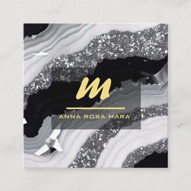 Cartão De Visita Quadrado *~* QR Ágata Preto Branco Dourado Brilho Inicial A (Frente)