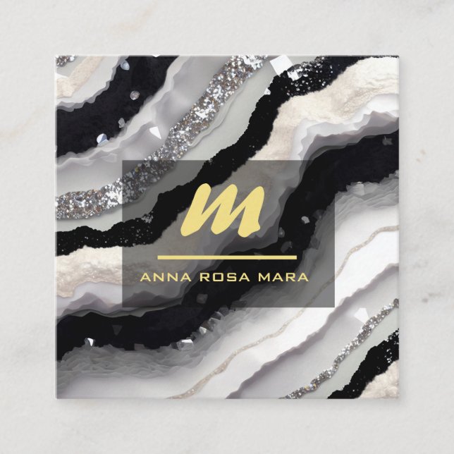 Cartão De Visita Quadrado *~* QR Agate Black White Glitter Dourado Brilhante (Frente)
