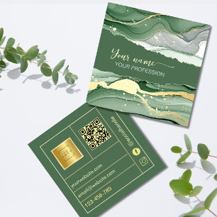 Cartão De Visita Quadrado Qr Code Aquarela Verde Sage Dourado