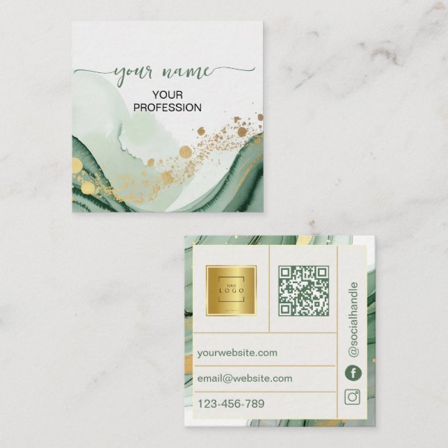 Cartão De Visita Quadrado Qr Code Aquarela Verde Sage Dourado (Frente/Verso)
