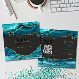 Cartão De Visita Quadrado QR Code Lashes Teal Turquoise Gold Agate Monogram