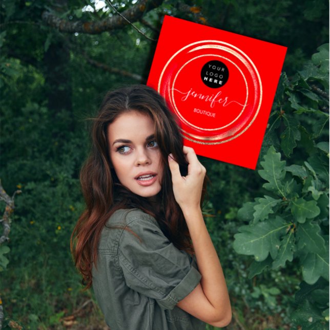 Cartão De Visita Quadrado QR Code Logo Glitter Dourado Red Compro Boutique (QR Code Logo Glitter Gold Red Shop Boutique Square Business Card)