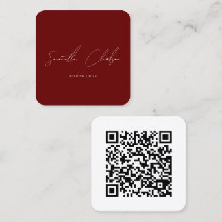 Cartão De Visita Quadrado QR Code Minimalist Burgundy Handwritten Script