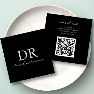Cartão De Visita Quadrado Qr Code Modern Black & Dourado Monograma Inicial