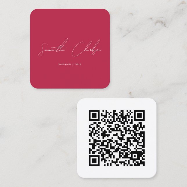Cartão De Visita Quadrado QR Code Modern Hot Pink & White Handwritten Script (Frente/Verso)