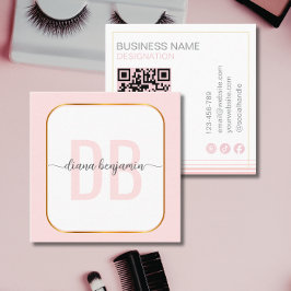 Cartão De Visita Quadrado Qr Code monograma moderno em rosa e branco dourado