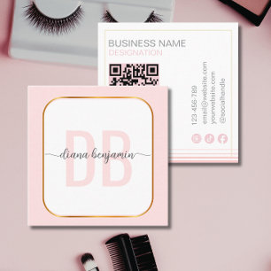 Cartão De Visita Quadrado Qr Code monograma moderno em rosa e branco dourado