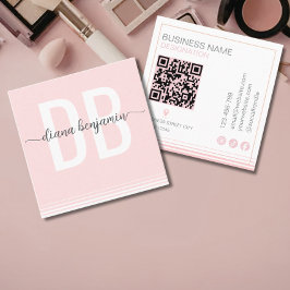 Cartão De Visita Quadrado Qr Code monograma moderno rosa e branco