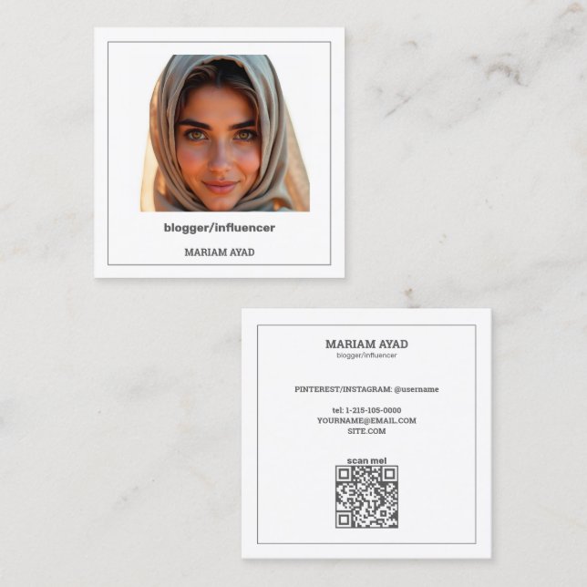Cartão De Visita Quadrado QR e Foto Personalizadas do Blogueiro Influenciado (Frente/Verso)