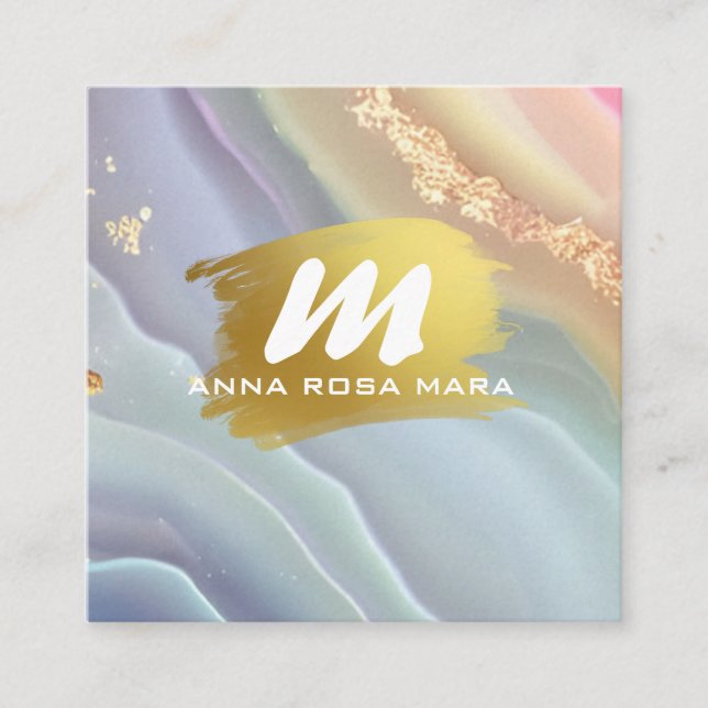 Cartão De Visita Quadrado *~* QR Pastel AP66 Glitter Dourado Agato Arco-Íris (Frente)