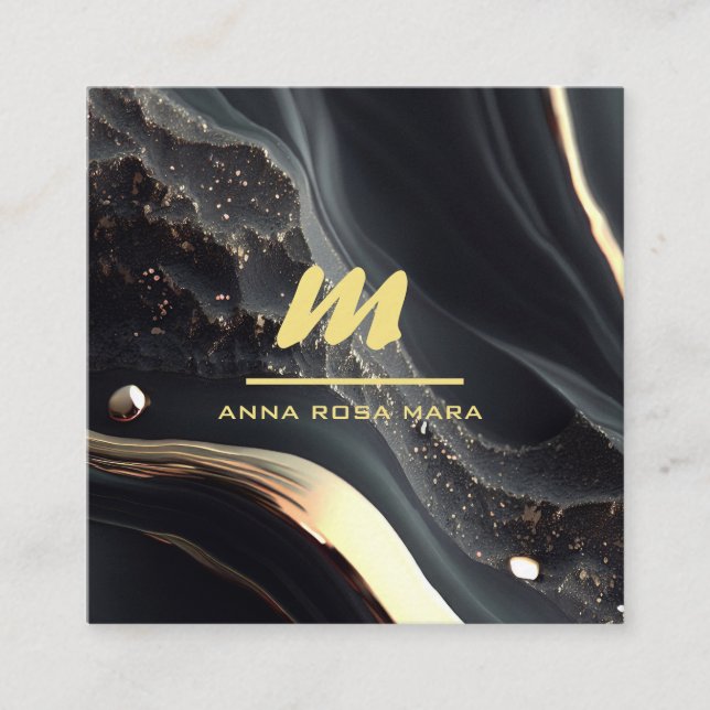 Cartão De Visita Quadrado *~* QR preto Dourado brilhante Monograma Dramático (Frente)