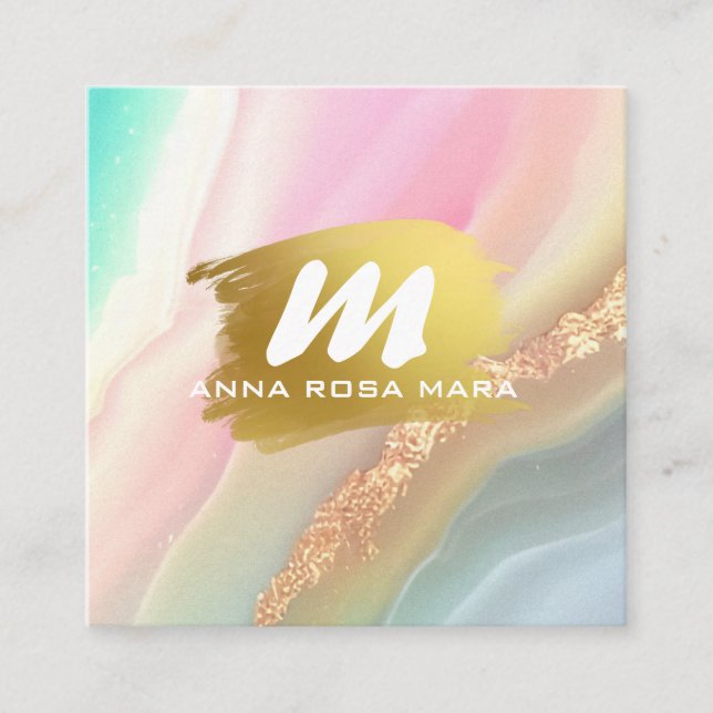 Cartão De Visita Quadrado *~* QR Rainbow Pastel AP66 Glitter Agate Dourado (Frente)
