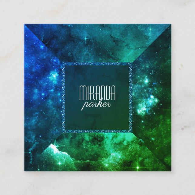 Cartão De Visita Quadrado Quadrado azul verde da galáxia de Starfield (Frente)