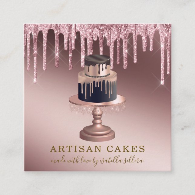 Cartão De Visita Quadrado Quadrado de Lixeiras Douradas de Rosa de padaria p (Frente)