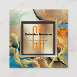 Cartão De Visita Quadrado Quadrado de monograma de fumos azuis cor de laranj