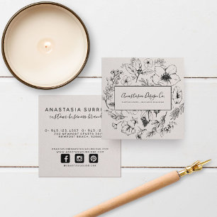 Cartão De Visita Quadrado Quadrado de Script Rosa e Preto, Blush Botânico M