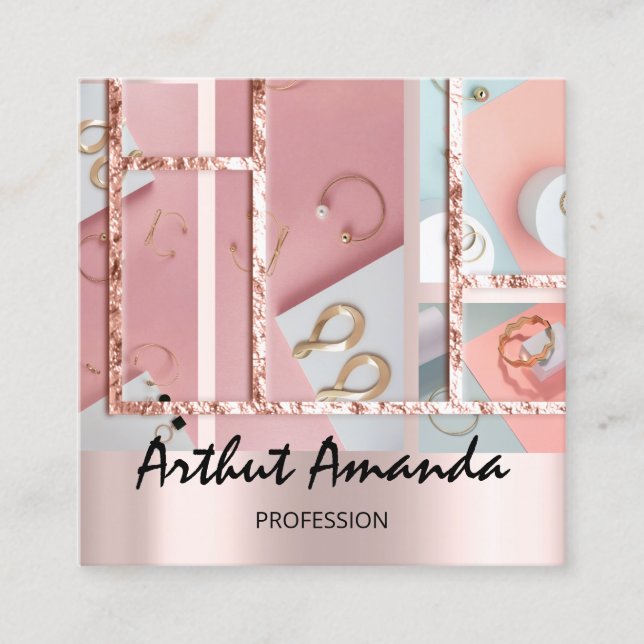 Cartão De Visita Quadrado Quadro de Fotografias Rosa Pearl, Rosa, Dourado Lu (Frente)