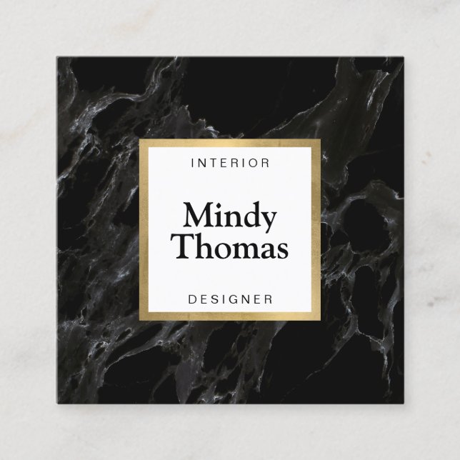 Cartão De Visita Quadrado Quadro Dourado de Mármore Negro Moderno (Frente)
