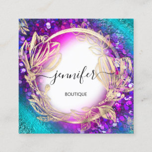 Cartão De Visita Quadrado Quadro Floral Código QR Logotipo Azul Verde Dourad