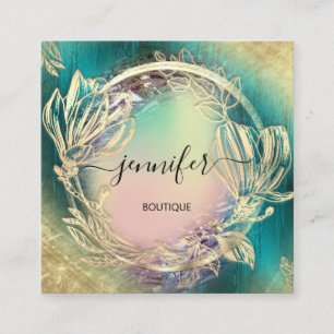 Cartão De Visita Quadrado Quadro Floral Código QR Logotipo Dourado Rosa Teal