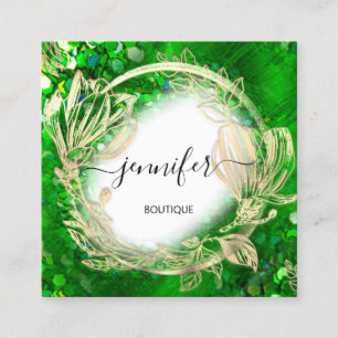 Cartão De Visita Quadrado Quadro Floral Código QR Logotipo Dourado Verde Tro