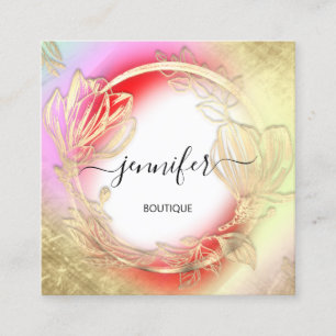 Cartão De Visita Quadrado Quadro Floral Código QR Logotipo Vermelho Dourado