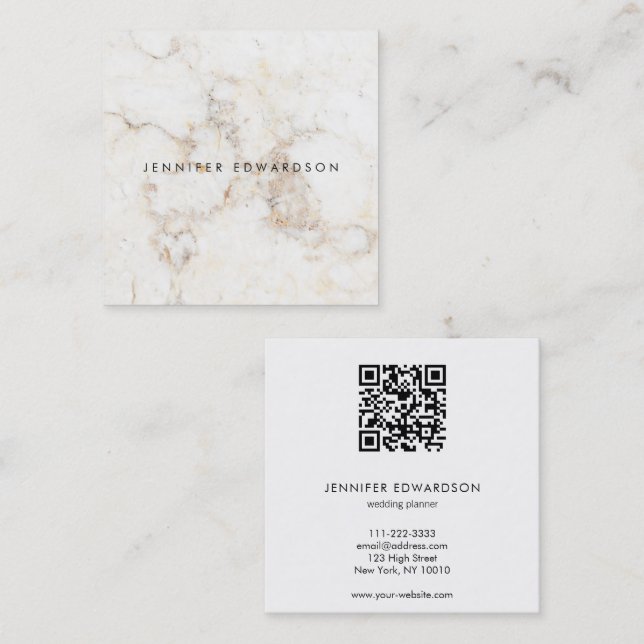 Cartão De Visita Quadrado Qualificador de código QR de marble branco elegant (Frente/Verso)
