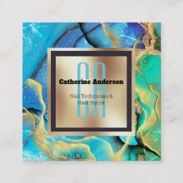 Cartão De Visita Quadrado Quic. monograma verde azul esverdeado de mármore