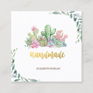 Cartão De Visita Quadrado Ramo de Aquarela, Cacto Floral Feito à Mão