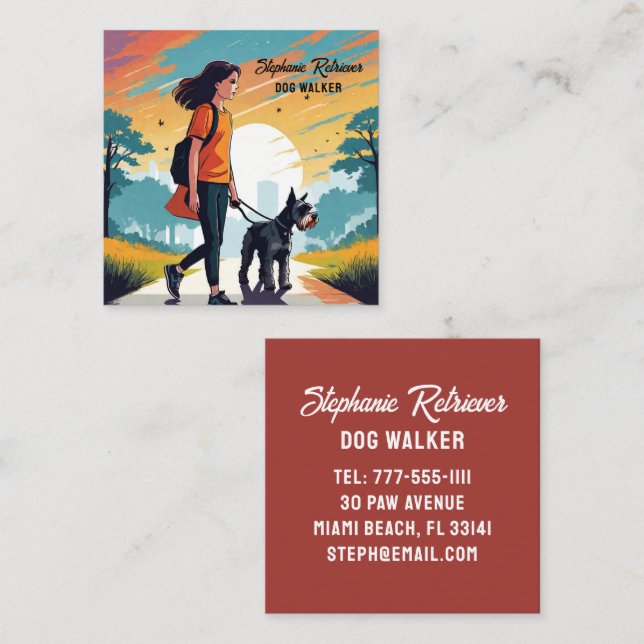Cartão De Visita Quadrado Rapariga Cão Walker Pet Sitter Em T-shirt Laranja (Frente/Verso)
