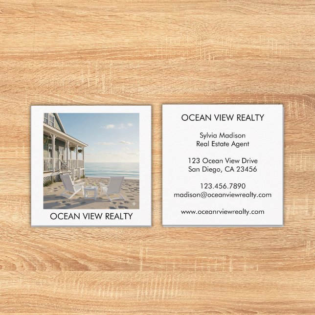 Cartão De Visita Quadrado Realce de Fotografia de Vista de Oceano Personaliz (Custom Ocean View Photo Realty Square Business Card)