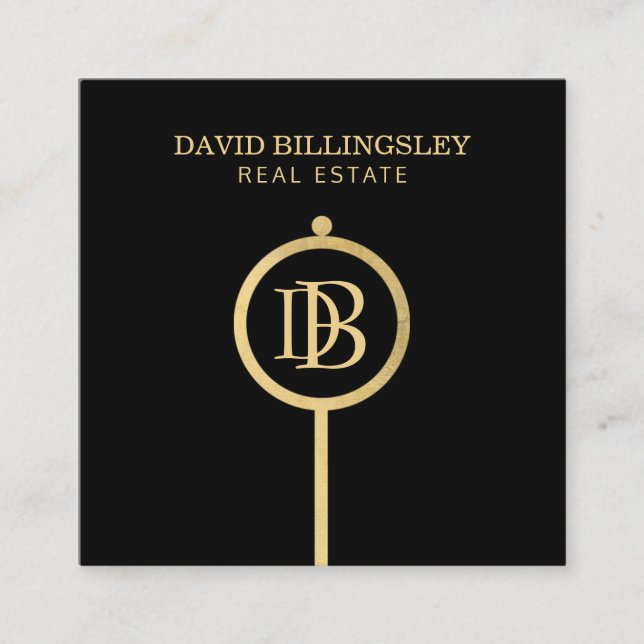 Cartão De Visita Quadrado Realetor de Monograma de Chave de Esqueleto Dourad (Frente)