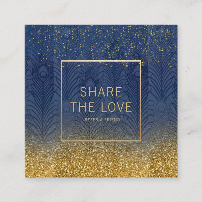 Cartão De Visita Quadrado Referência Dourado do brilho da pena do azul de (Frente)