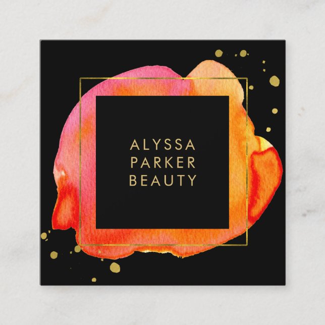 Cartão De Visita Quadrado Respingo alaranjado da aguarela no preto com ouro (Frente)