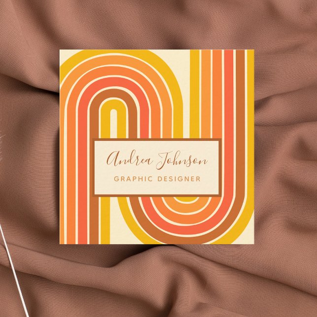 Cartão De Visita Quadrado Retro 60s 70s Arco-Íris Geométrico Sessenta Ondas (Criador carregado)