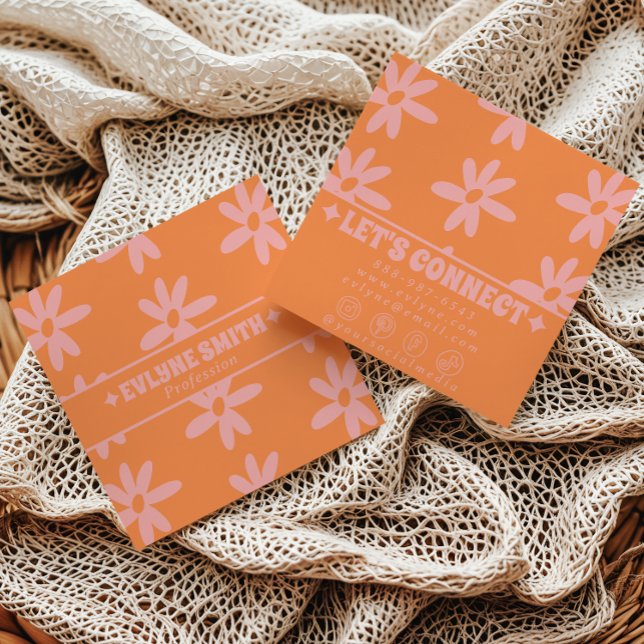 Cartão De Visita Quadrado Retro Bold Pink Orange Groovy Floral Girly Funky (Criador carregado)