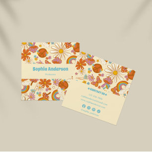 Cartão De Visita Quadrado Retro Hippie Boho Floral Mushroom