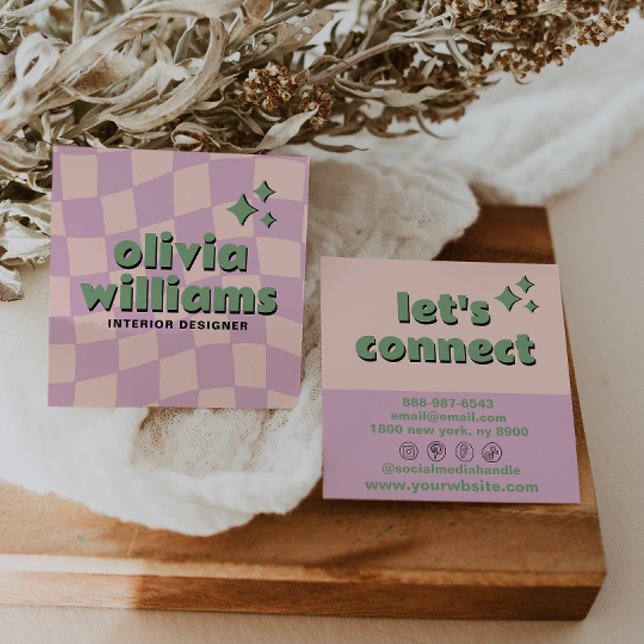 Cartão De Visita Quadrado Retro Pink Green Pastel Groovy Checkered Girly Fun (Criador carregado)