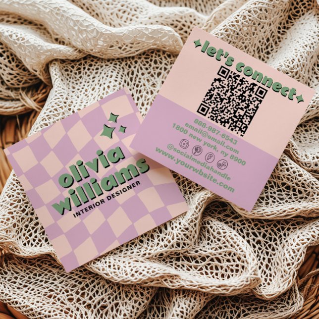 Cartão De Visita Quadrado Retro Pink Green QR Code Groovy Checkered Girly (Criador carregado)