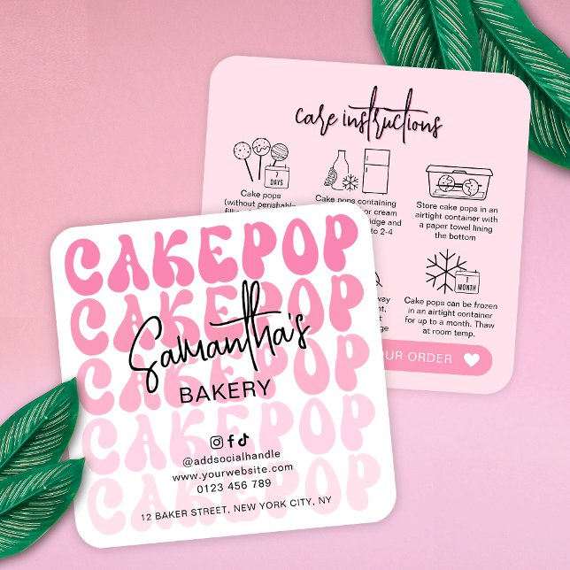 Cartão De Visita Quadrado Retro Pink Trendy Cake Pops Care Instructions Card (Trendy pink cake pops storage instructions guide cards featuring retro fonts and modern layout)
