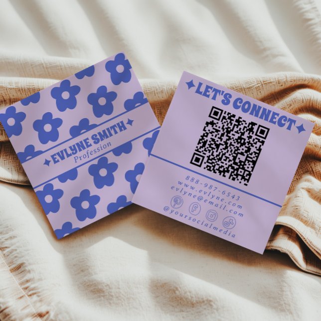 Cartão De Visita Quadrado Retro Purple Blue QR Code Groovy Floral Trendy Fun (Criador carregado)