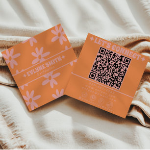 Cartão De Visita Quadrado Retro Rosa Laranja Código QR Floral Groovy Feminin