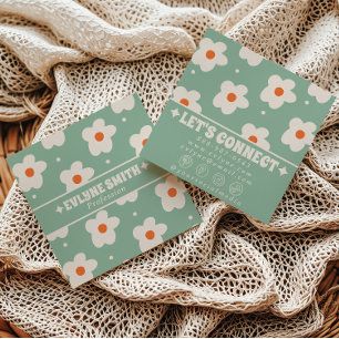 Cartão De Visita Quadrado Retro Verde Creme Groovy Floral Tendência Boho