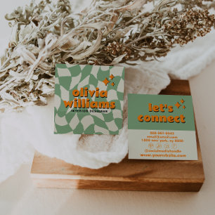 Cartão De Visita Quadrado Retro Verde Laranja Groovy Xadrez Boho Moderno