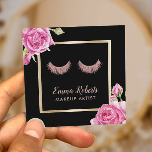 Cartão De Visita Quadrado Rosa Artista de Makeup Lashes Modern Floral